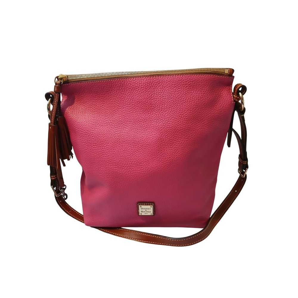 Dooney & Bourke Pink Pebbled Leather Crossbody Bag with Tassel and‎ Brown Trim